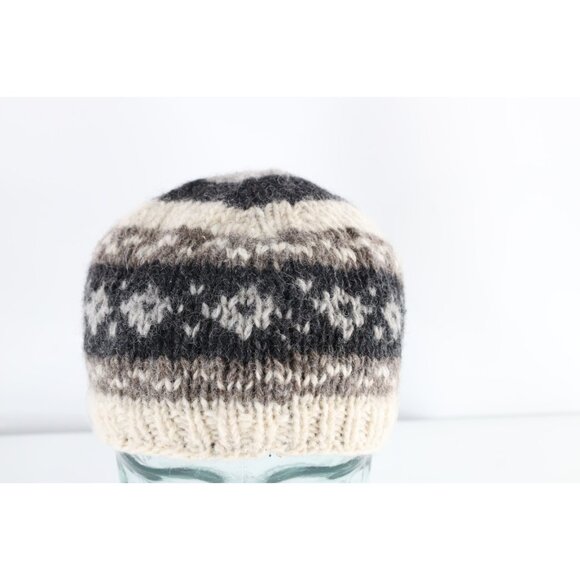 Vintage 90s Streetwear Fleece Lined Fair Isle Wool Knit Winter Beanie Hat Womens - Picture 1 of 7